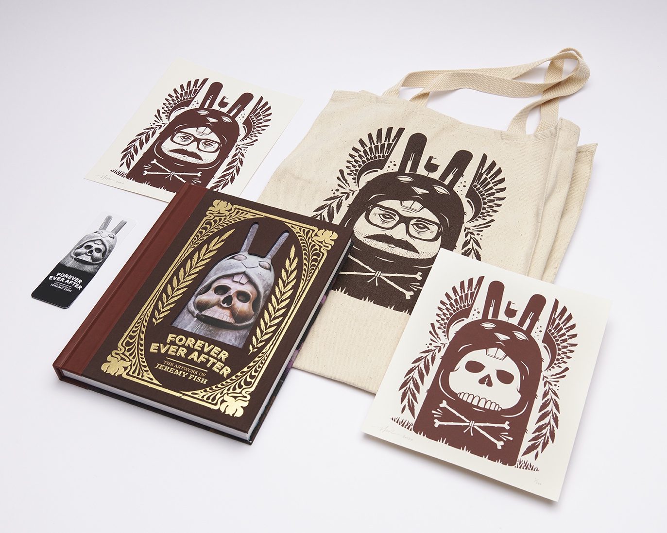 Jeremy Fish deluxe edition package featuring book, tote bag and prints